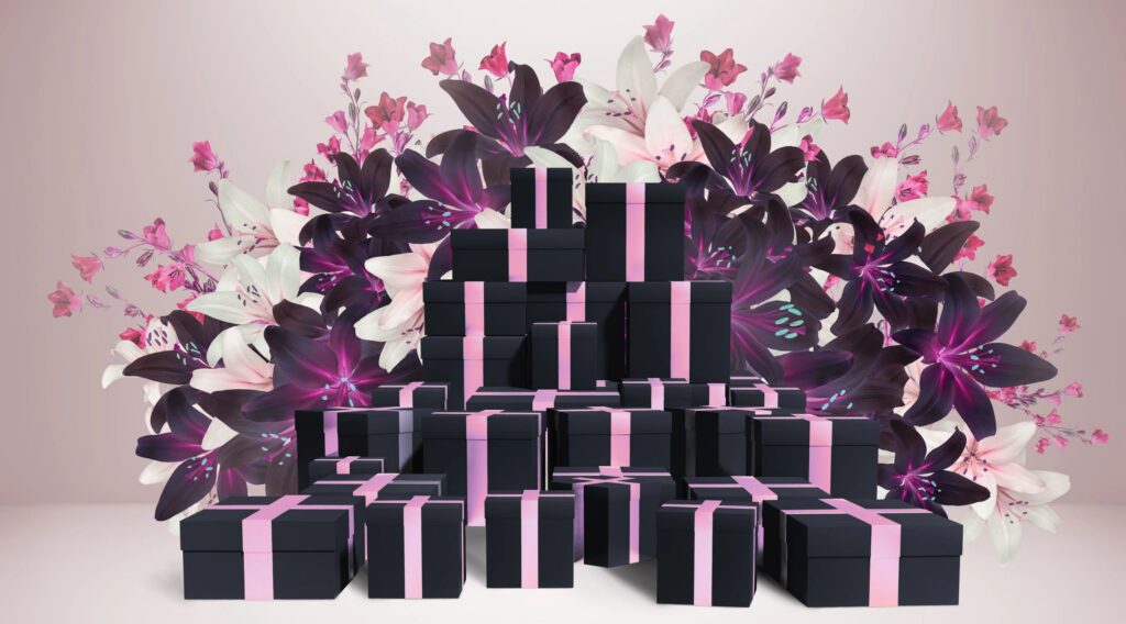 Heap of gift boxes with flowers